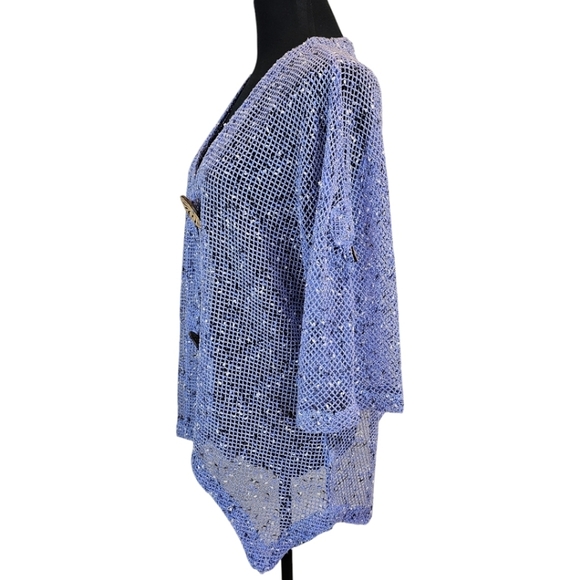 Lulu-B Purple Open Weave Cardigan Size Medium Oversized Wood Buttons Casual - Picture 3 of 12